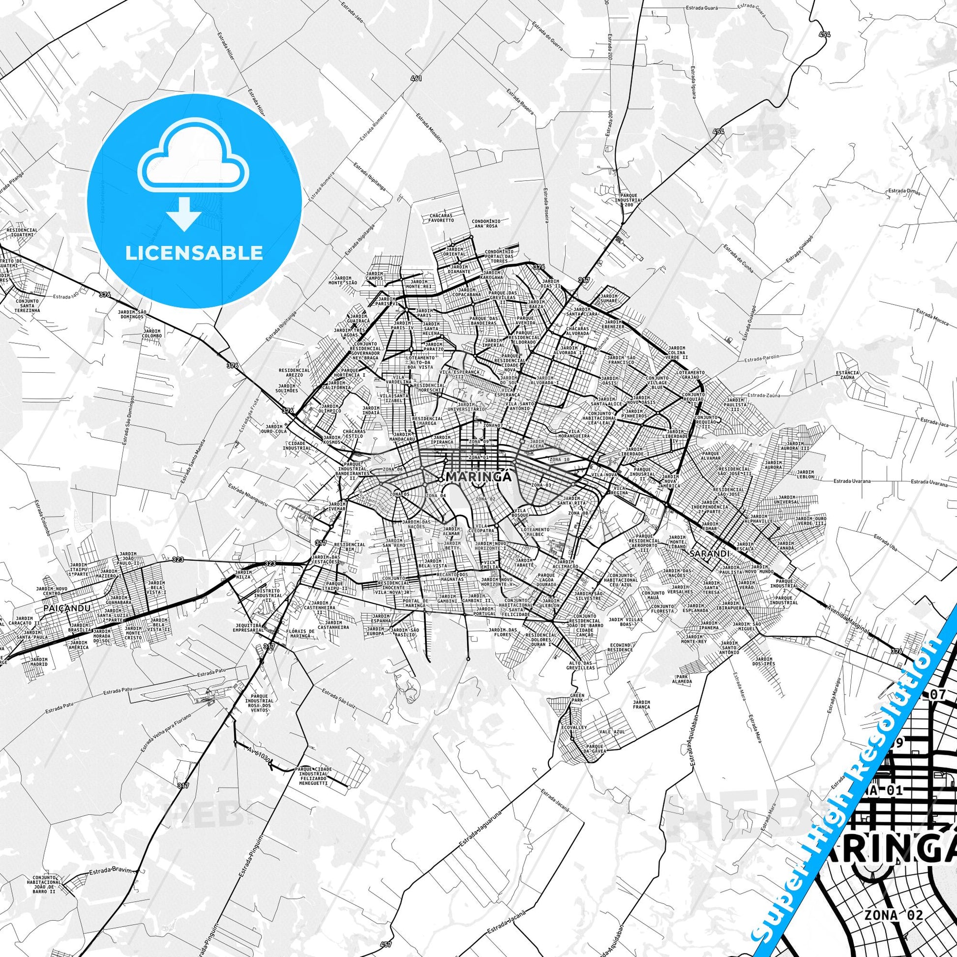 Maringa, Brazil light map with streetnames, citynames and districts