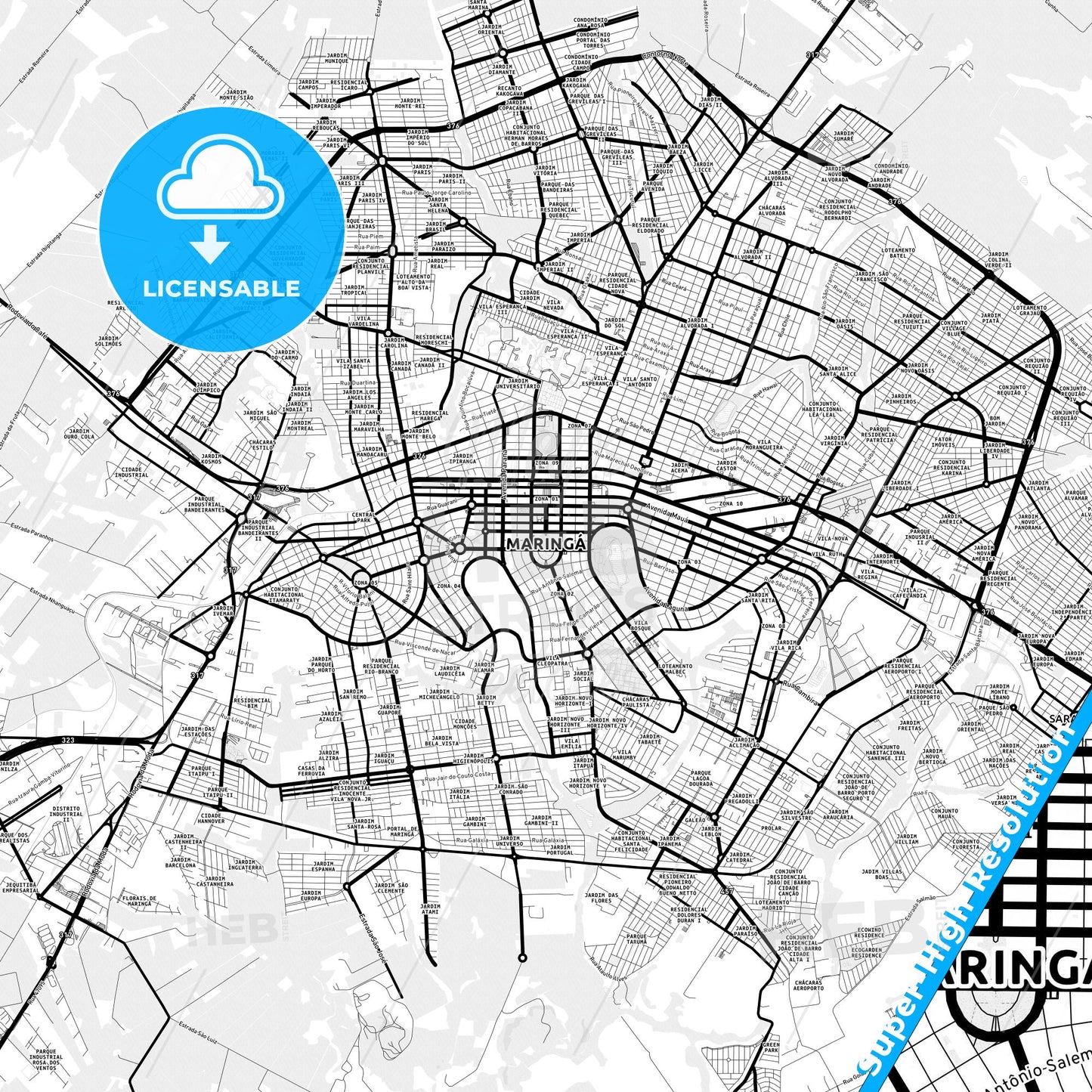 Maringa, Brazil Light Map with Street Names, City Names, and Districts