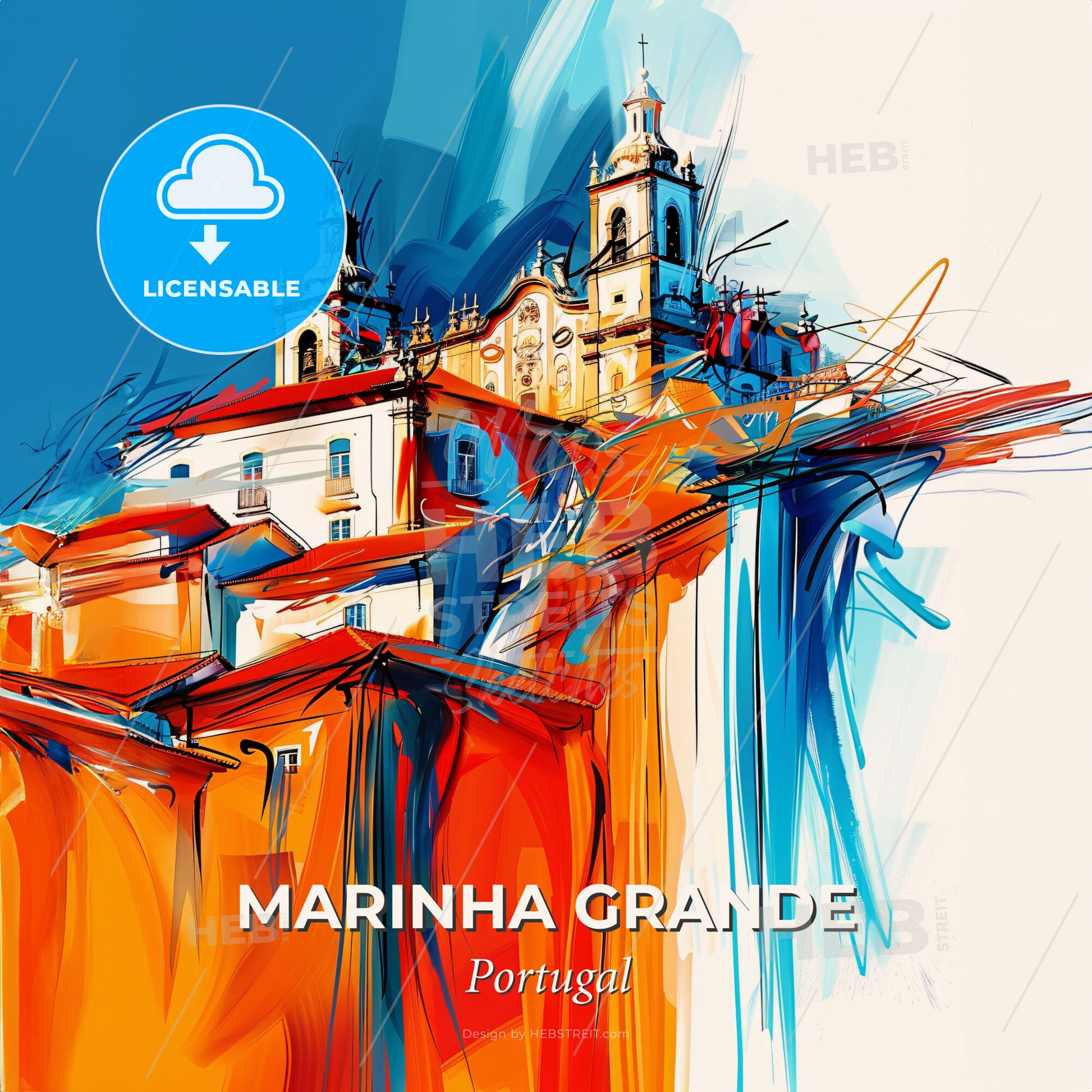Vibrant Marinha Grande, Portugal - A Painting Of A Building With A Steeple - Square format print template
