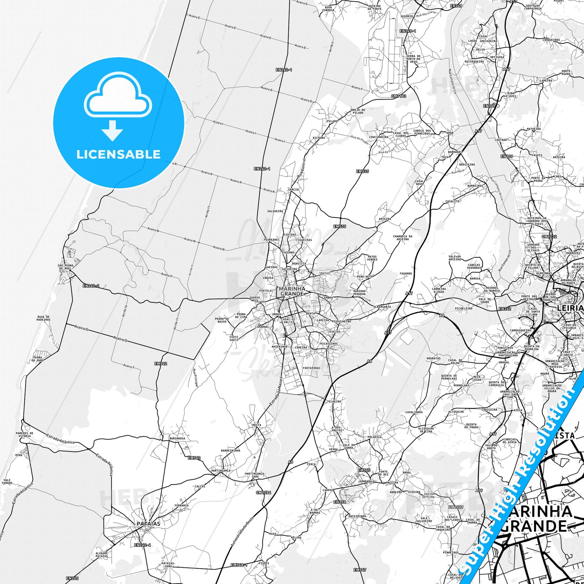 Marinha Grande, Portugal light map with streetnames, citynames and districts