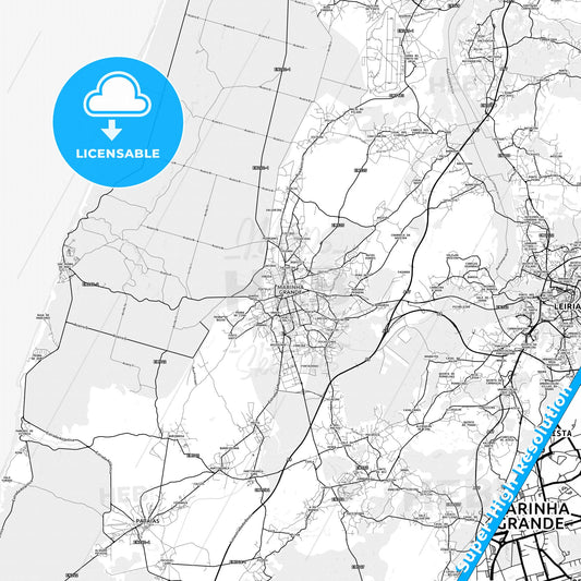 Marinha Grande, Portugal light map with streetnames, citynames and districts