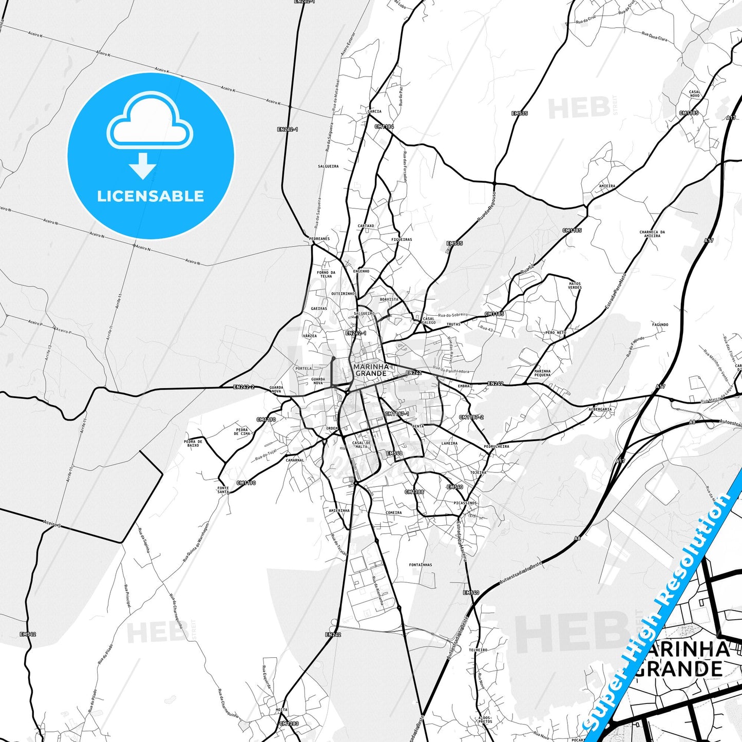 Marinha Grande, Portugal Light Map with Street Names, City Names, and Districts