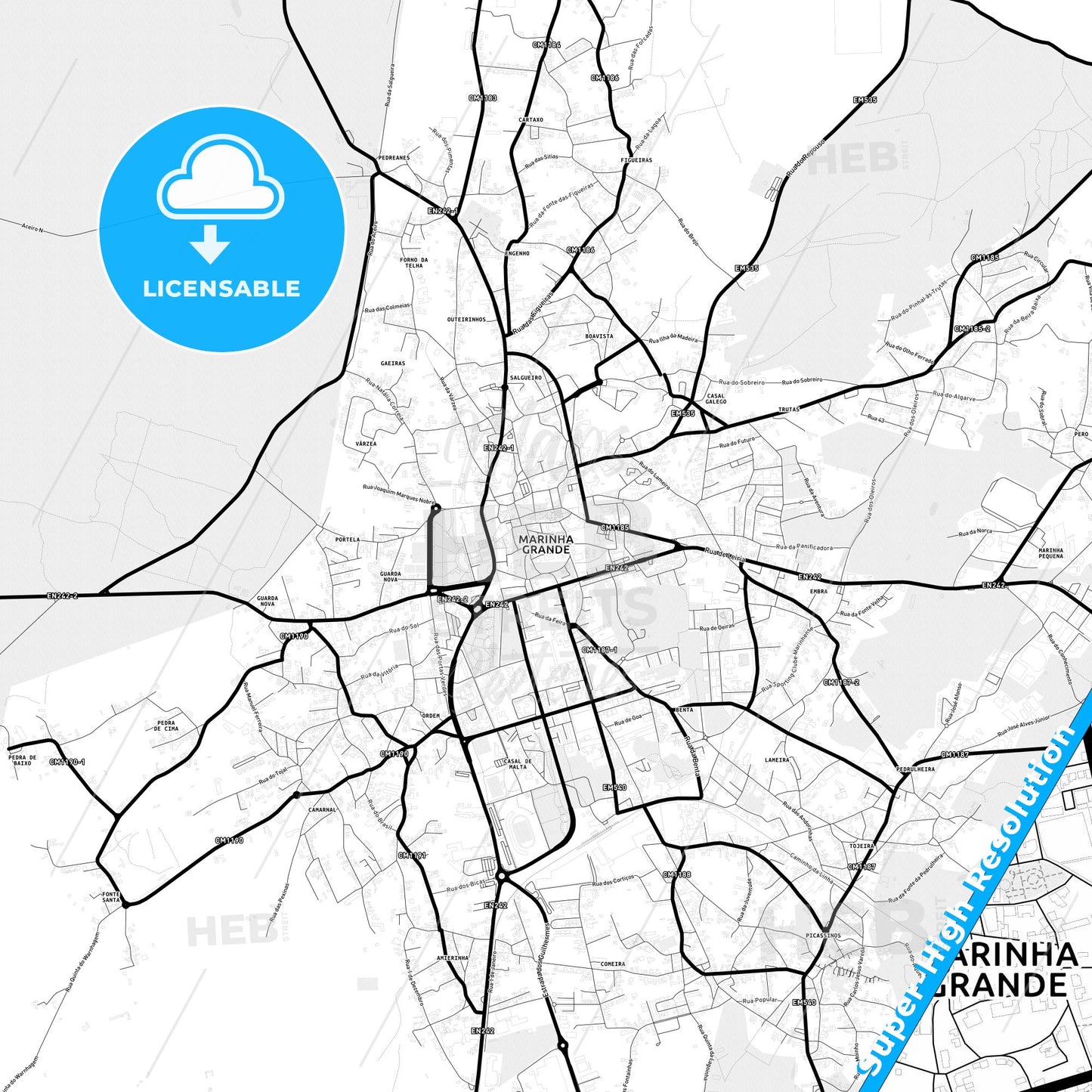 Marinha Grande, Portugal Light Map with Street Names, City Names, and Districts