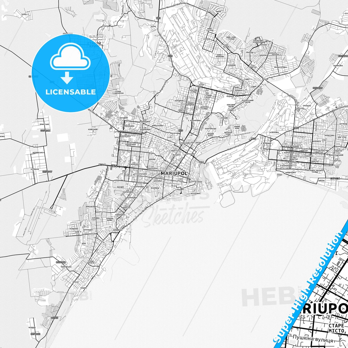 Mariupol, Ukraine light map with streetnames, citynames and districts