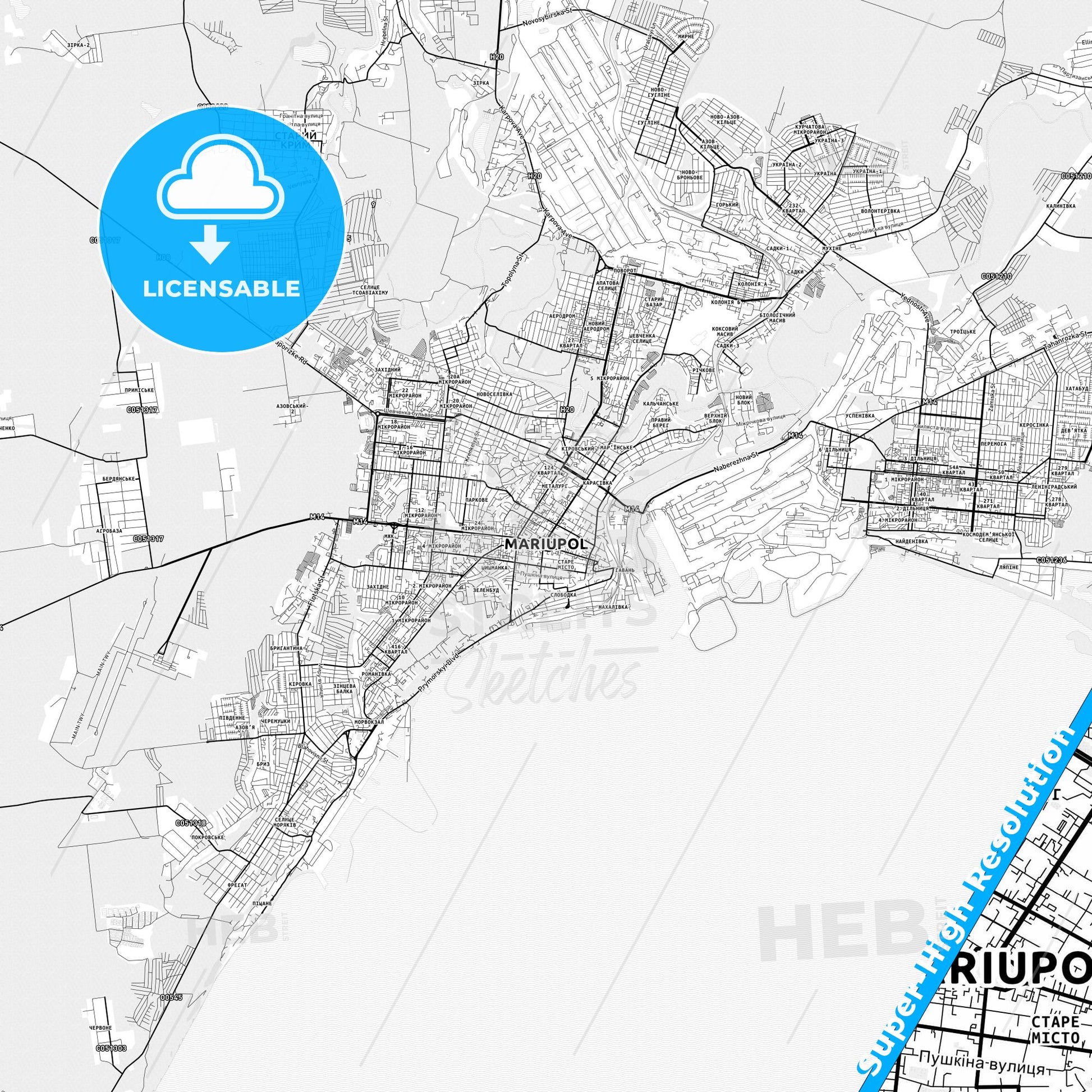 Mariupol, Ukraine light map with streetnames, citynames and districts