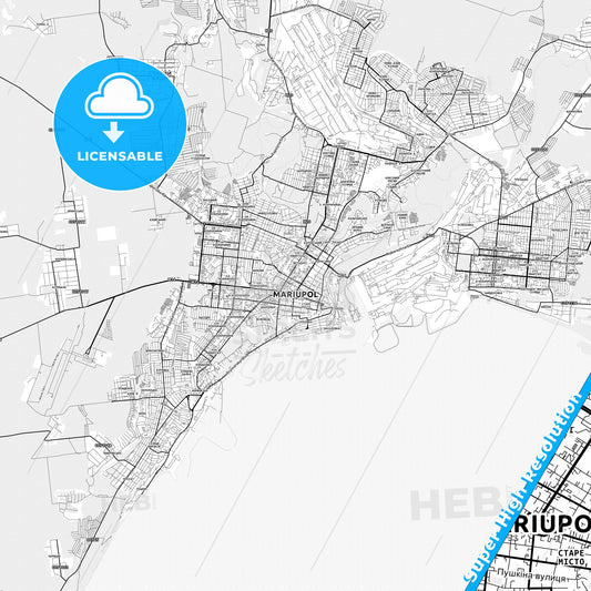 Mariupol, Ukraine light map with streetnames, citynames and districts