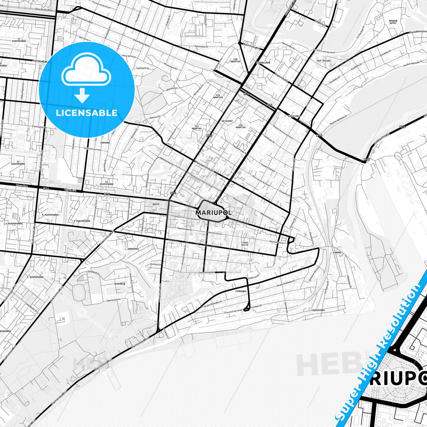 Mariupol, Ukraine Light Map with Street Names, City Names, and Districts