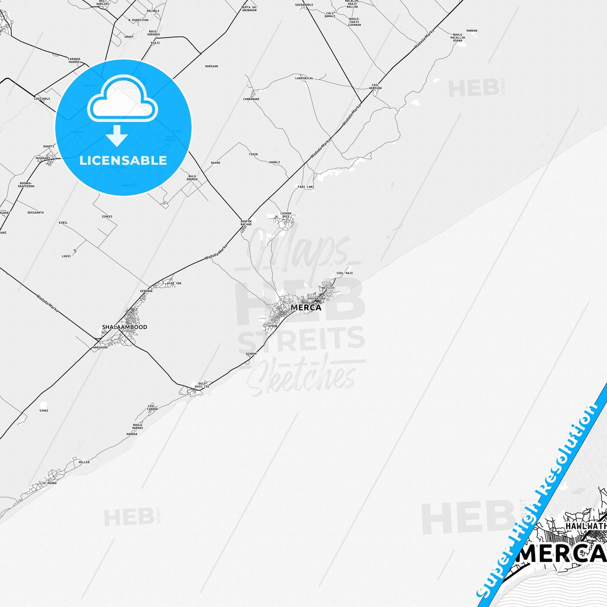 Marka, Somalia light map with streetnames, citynames and districts