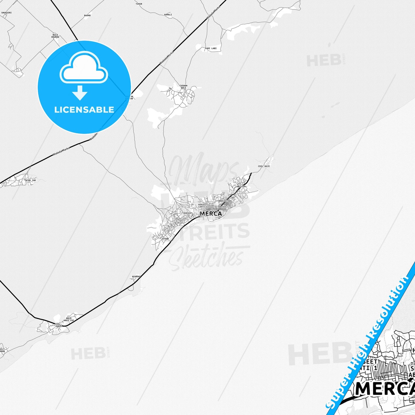 Marka, Somalia Light Map with Street Names, City Names, and Districts