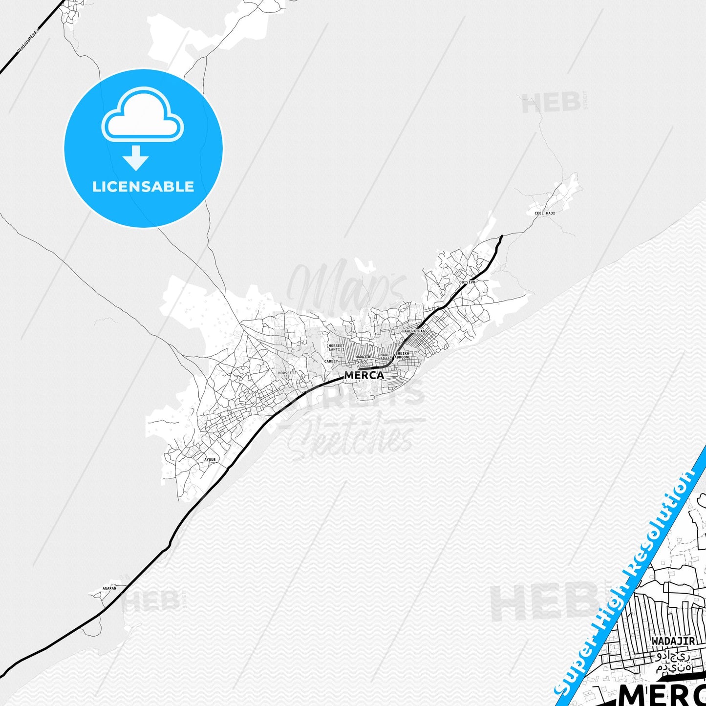 Marka, Somalia Light Map with Street Names, City Names, and Districts