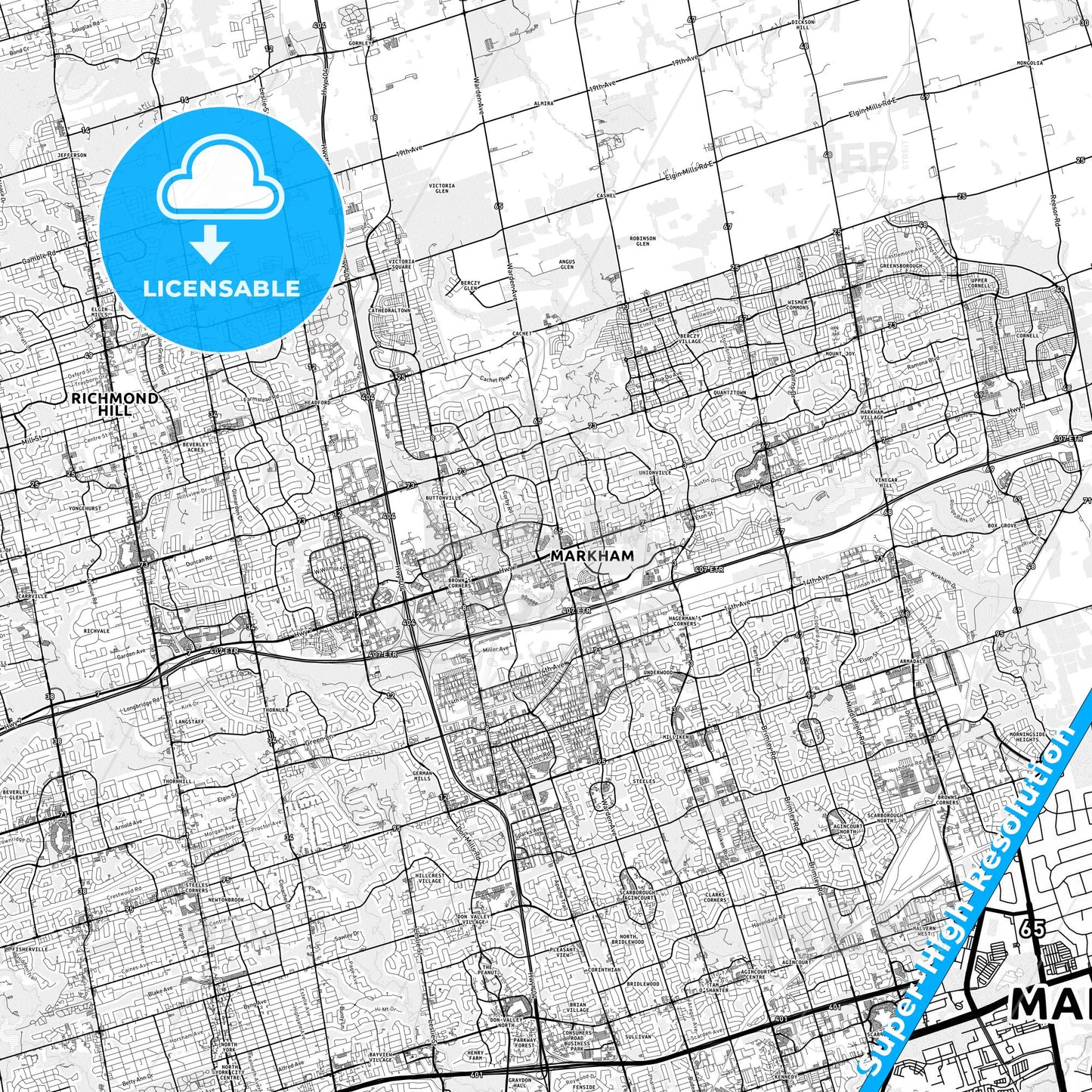 Markham, Canada light map with streetnames, citynames and districts