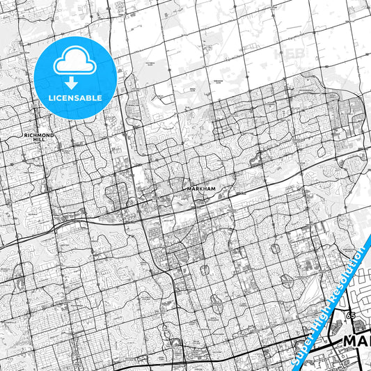 Markham, Canada light map with streetnames, citynames and districts