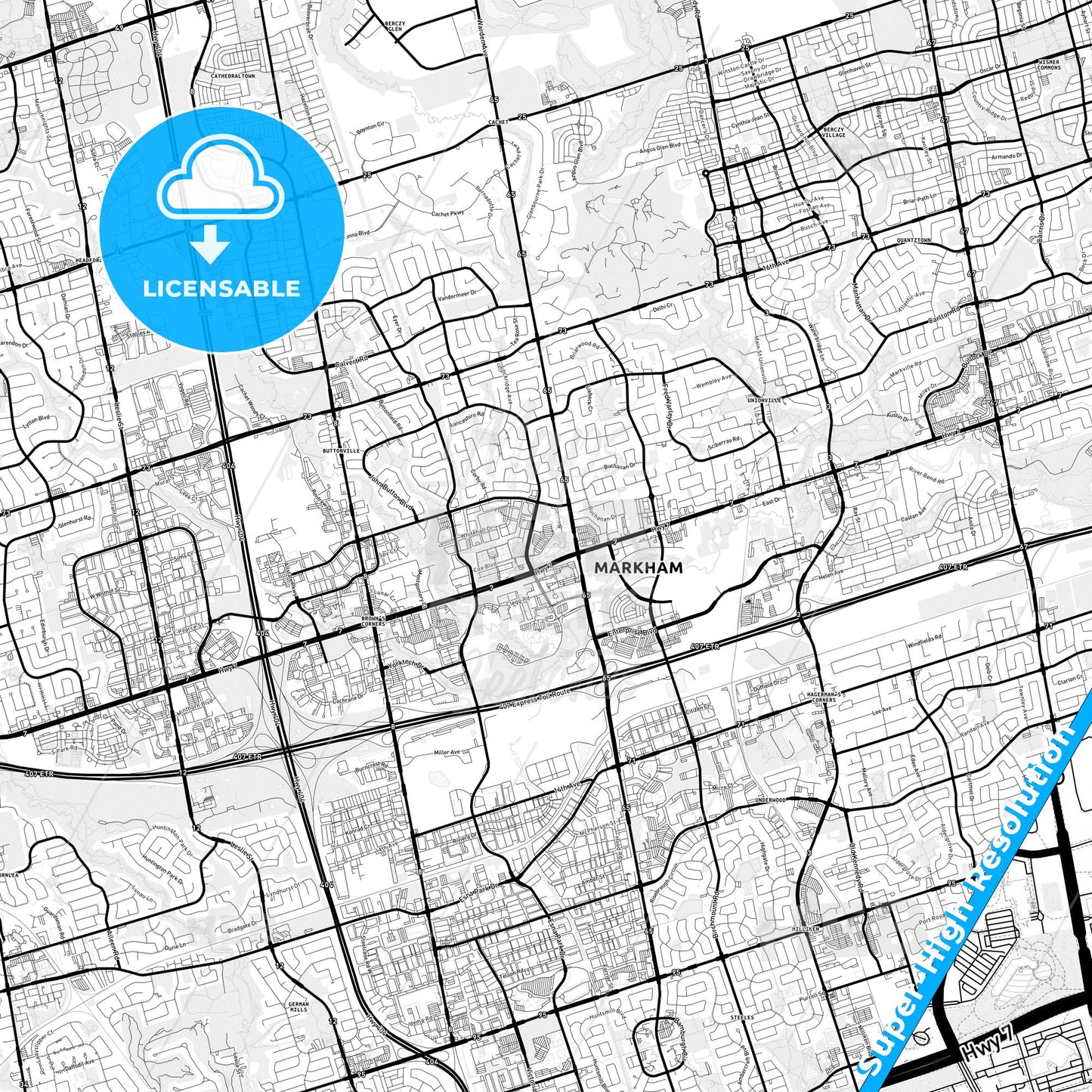 Markham, Canada Light Map with Street Names, City Names, and Districts