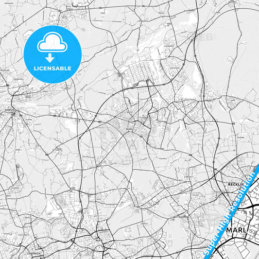 Marl, Germany light map with streetnames, citynames and districts