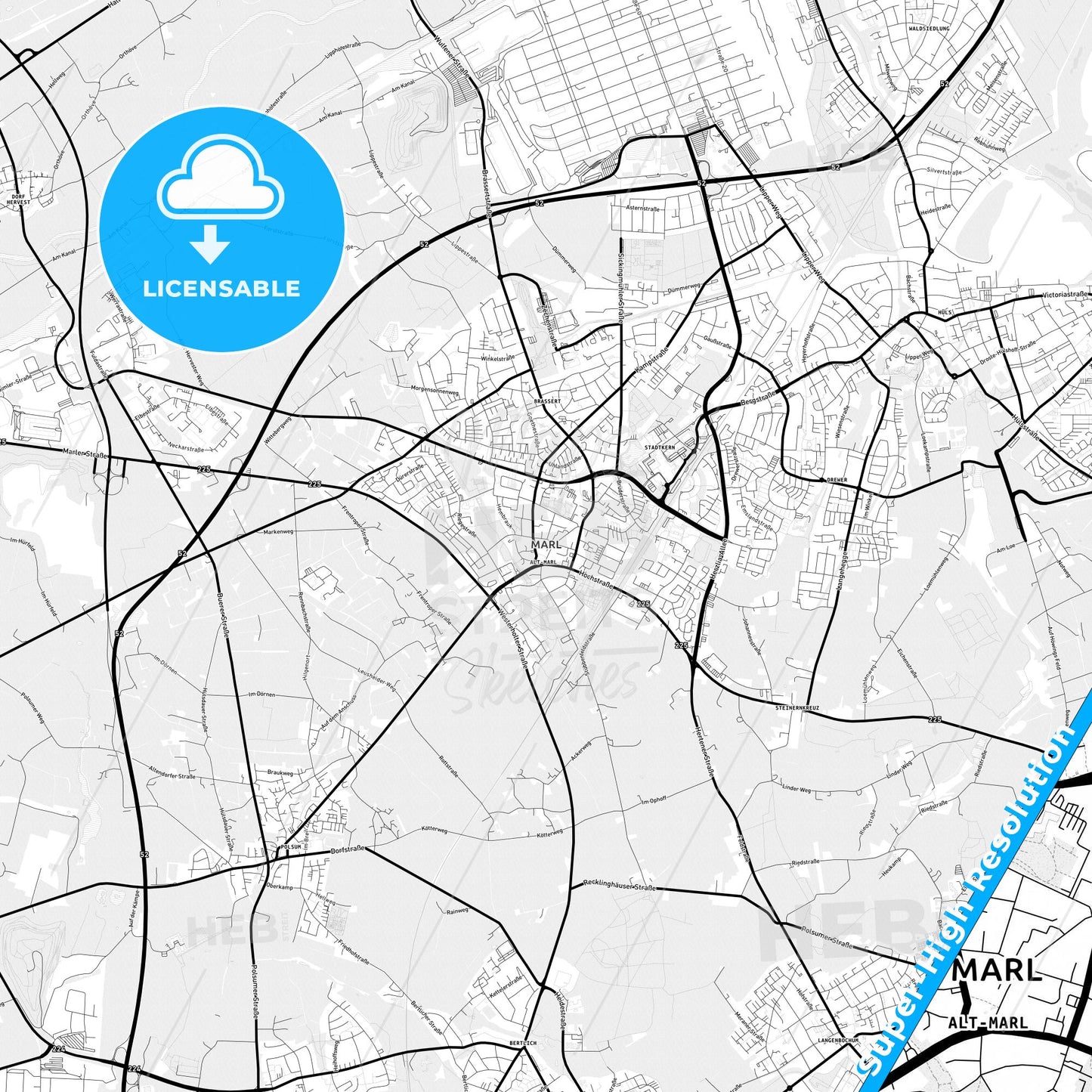 Marl, Germany Light Map with Street Names, City Names, and Districts