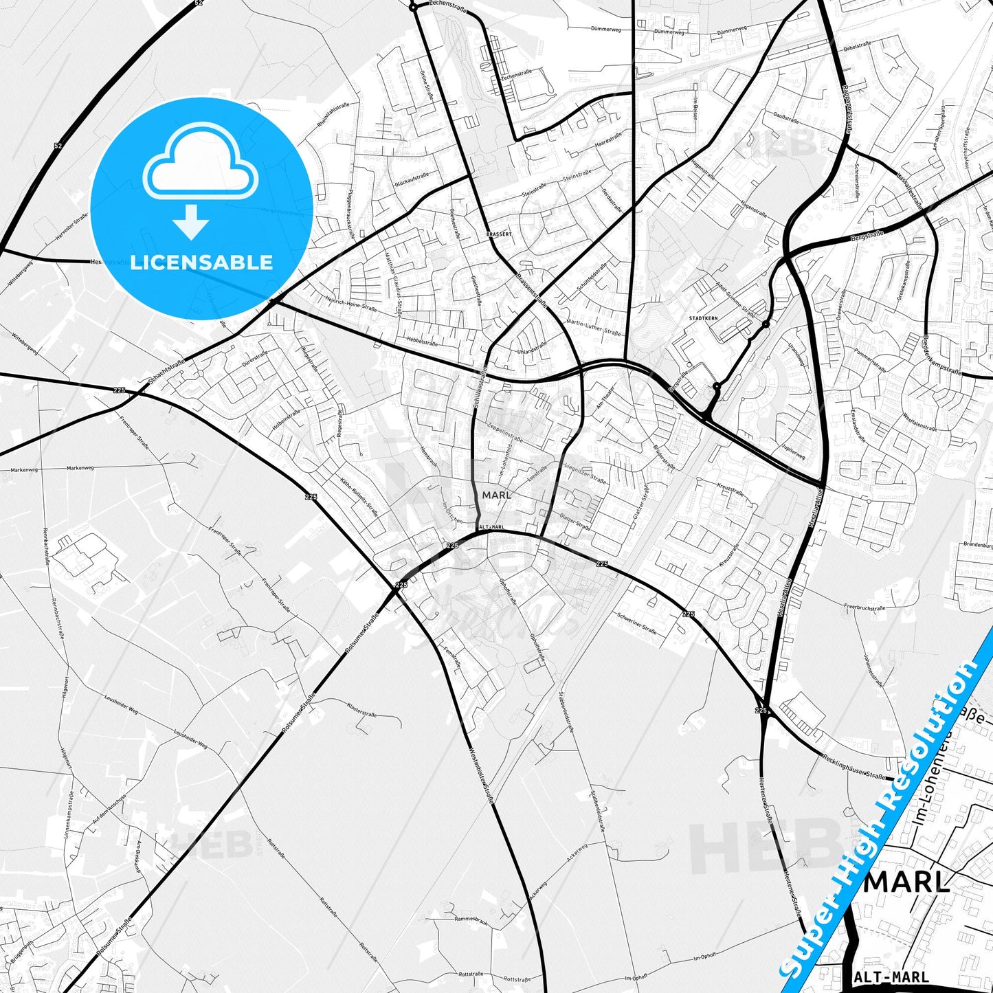 Marl, Germany Light Map with Street Names, City Names, and Districts