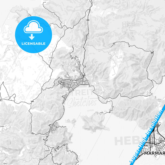 Marmaris, Turkey light map with streetnames, citynames and districts