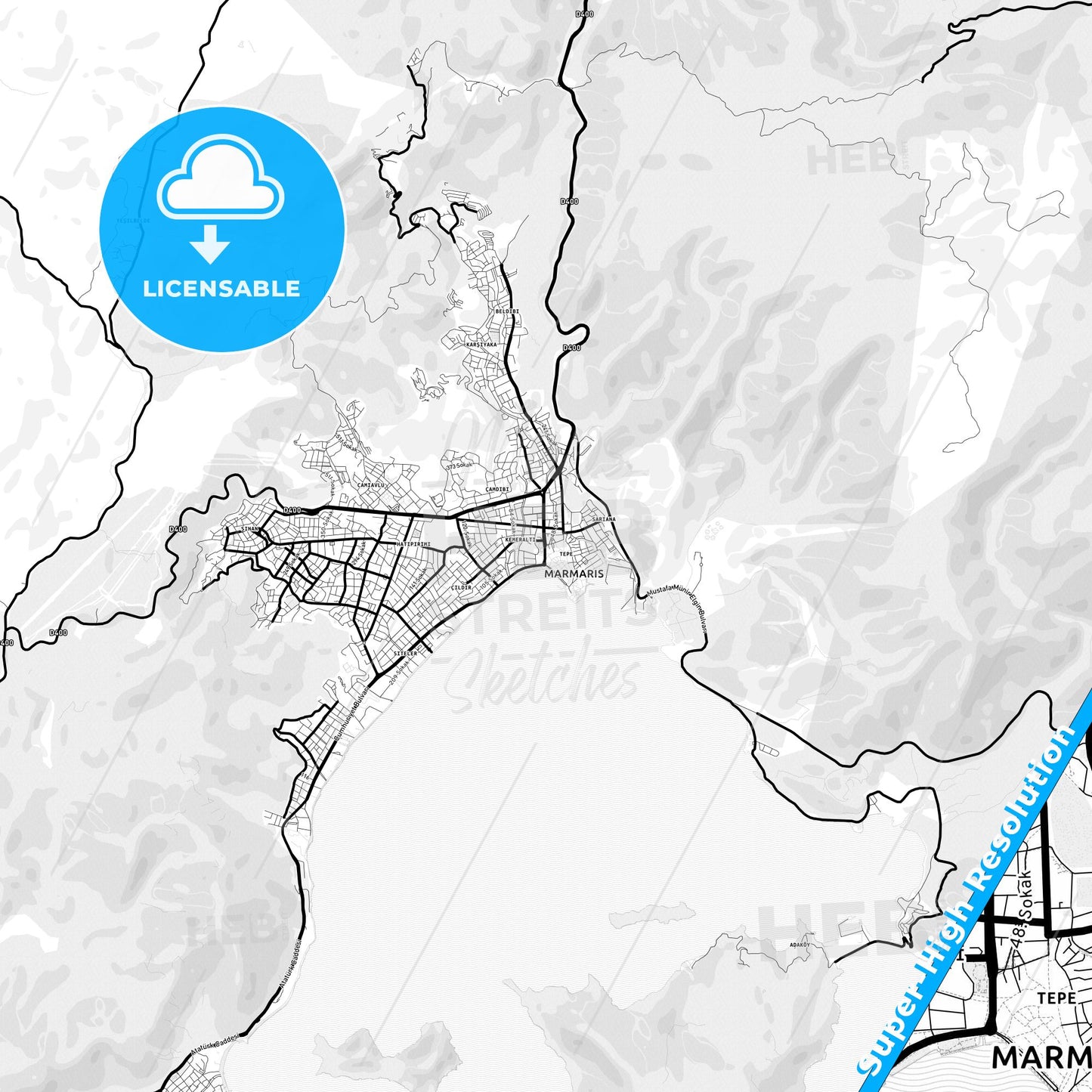 Marmaris, Turkey Light Map with Street Names, City Names, and Districts