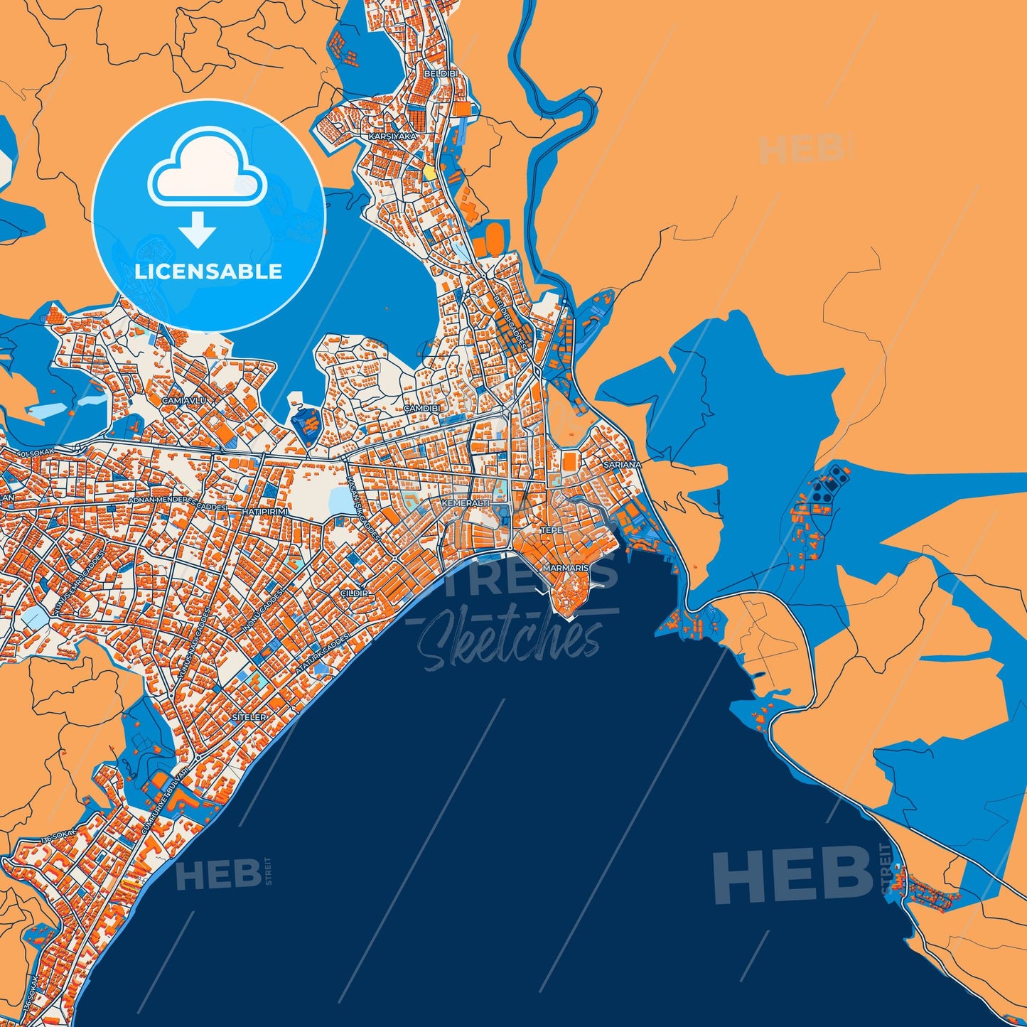 Colorful Marmaris Street Map with Labels and Buildings