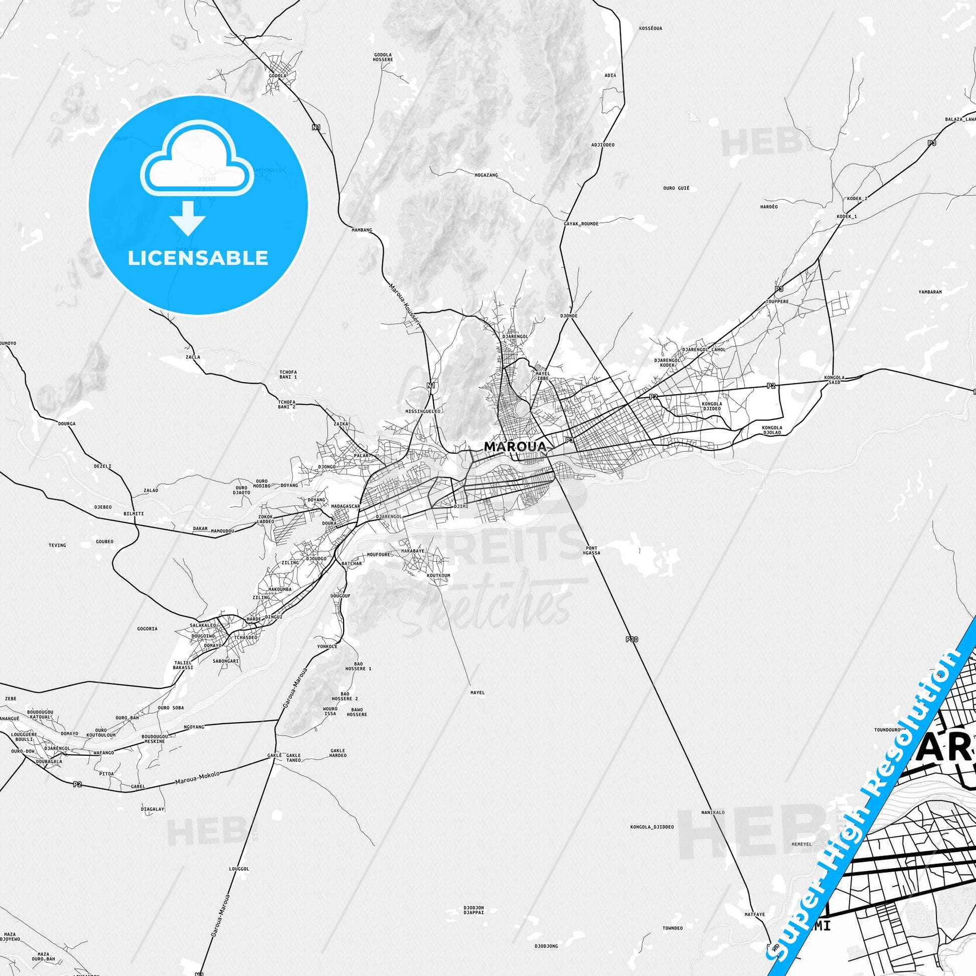 Maroua, Cameroon light map with streetnames, citynames and districts