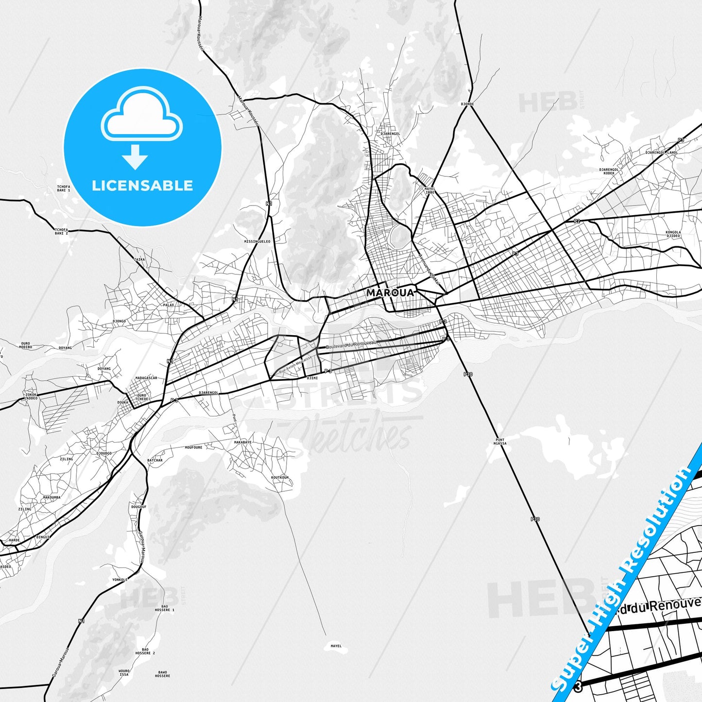 Maroua, Cameroon Light Map with Street Names, City Names, and Districts