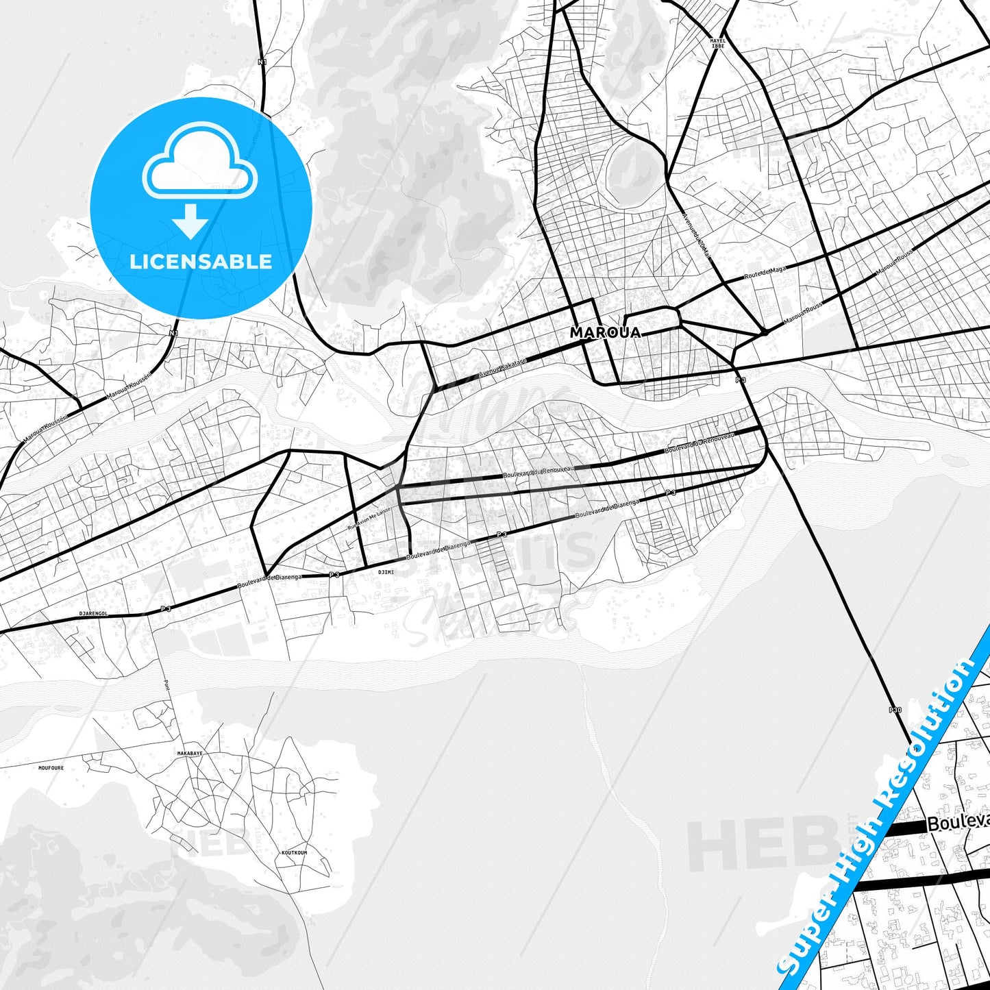 Maroua, Cameroon Light Map with Street Names, City Names, and Districts