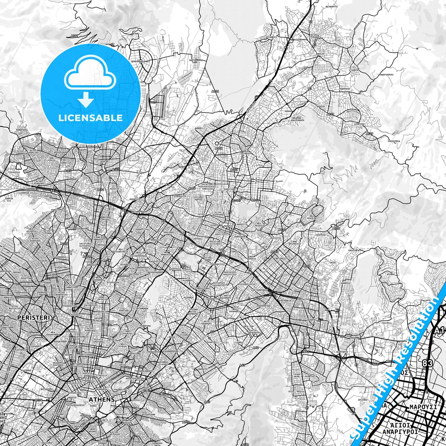 Marousi, Greece light map with streetnames, citynames and districts