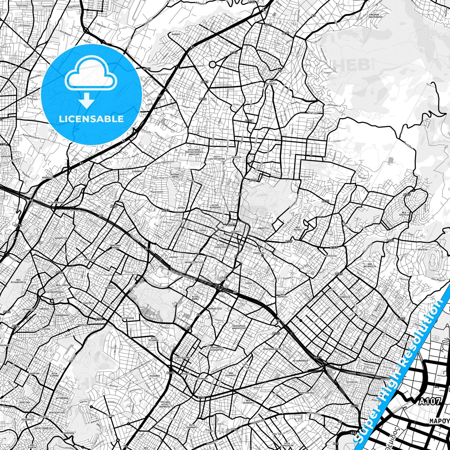 Marousi, Greece Light Map with Street Names, City Names, and Districts