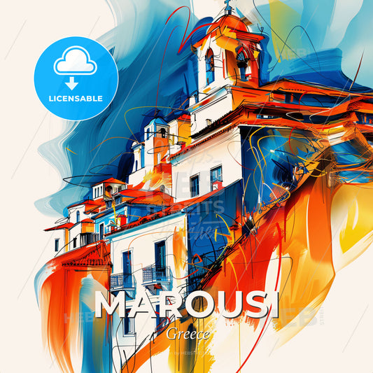 Vibrant Marousi, Greece - A Painting Of A Building - Square format print template