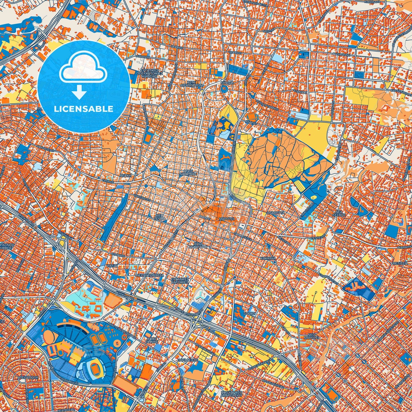 Colorful Marousi Street Map with Labels and Buildings