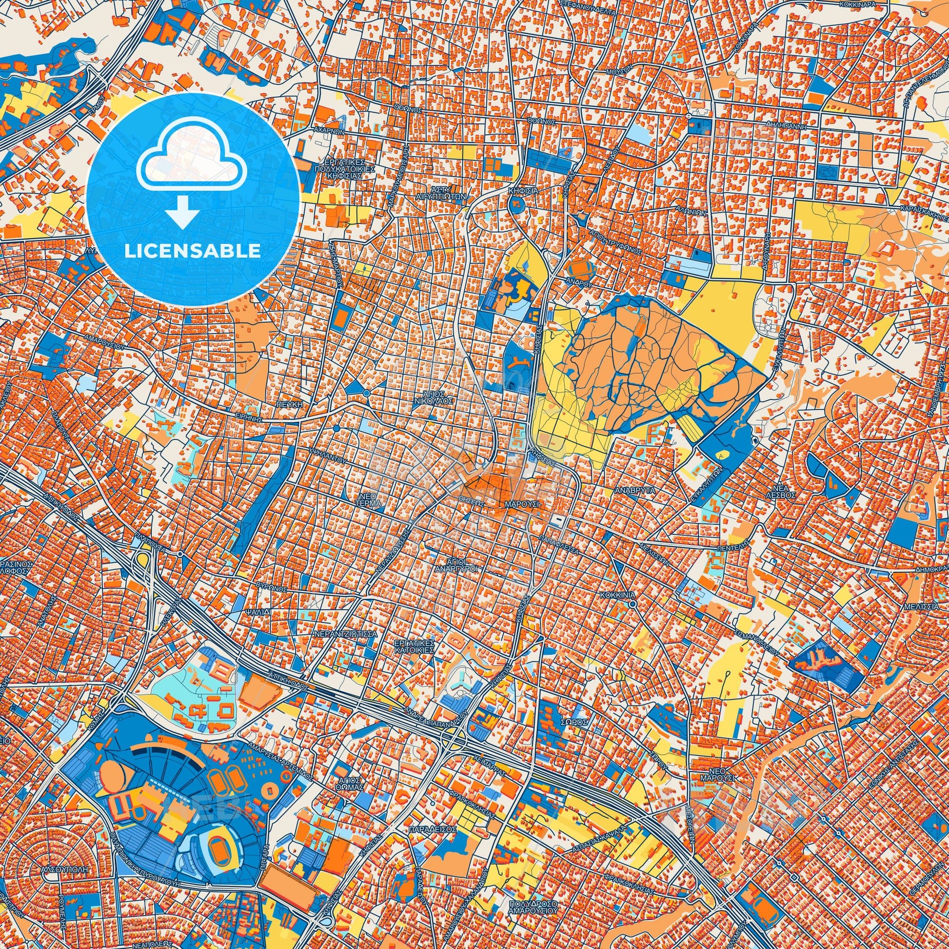 Colorful Marousi Street Map with Labels and Buildings