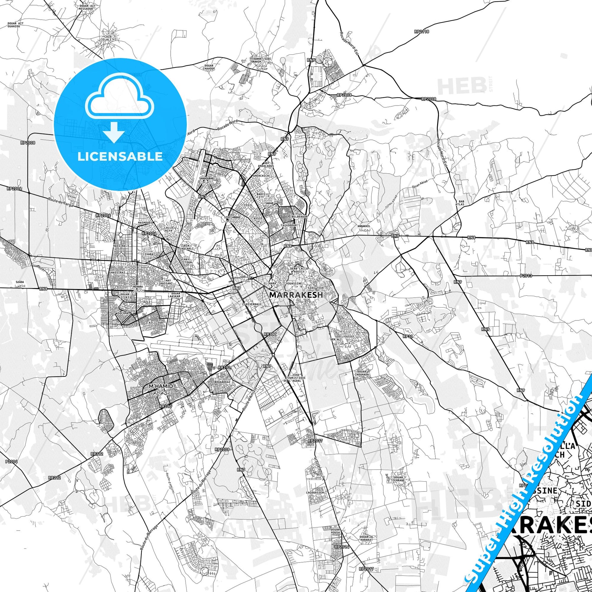 Marrakesh, Morocco light map with streetnames, citynames and districts