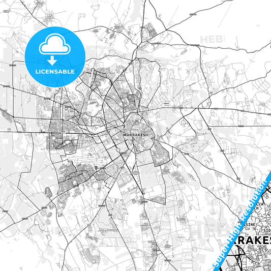 Marrakesh, Morocco light map with streetnames, citynames and districts
