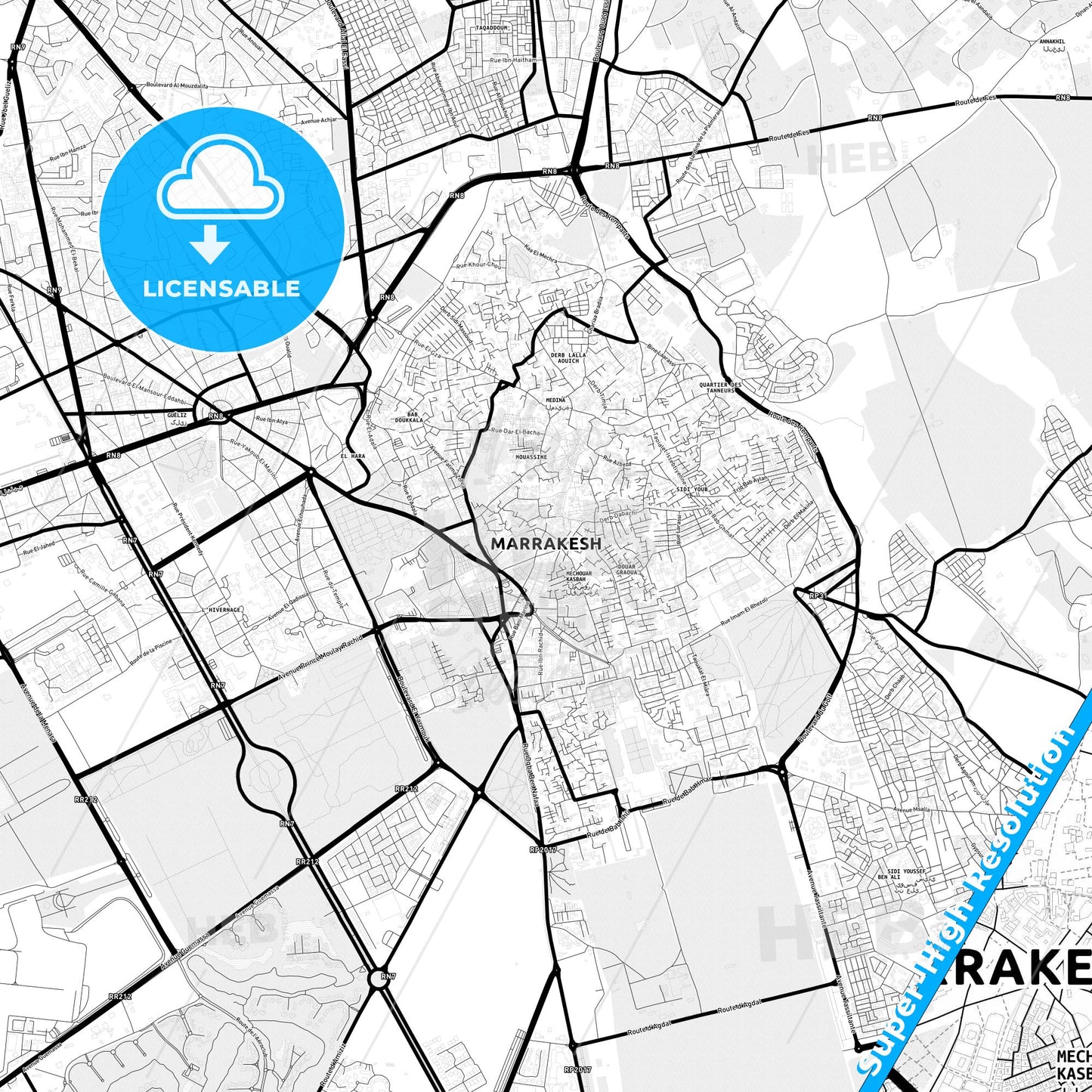 Marrakesh, Morocco Light Map with Street Names, City Names, and Districts