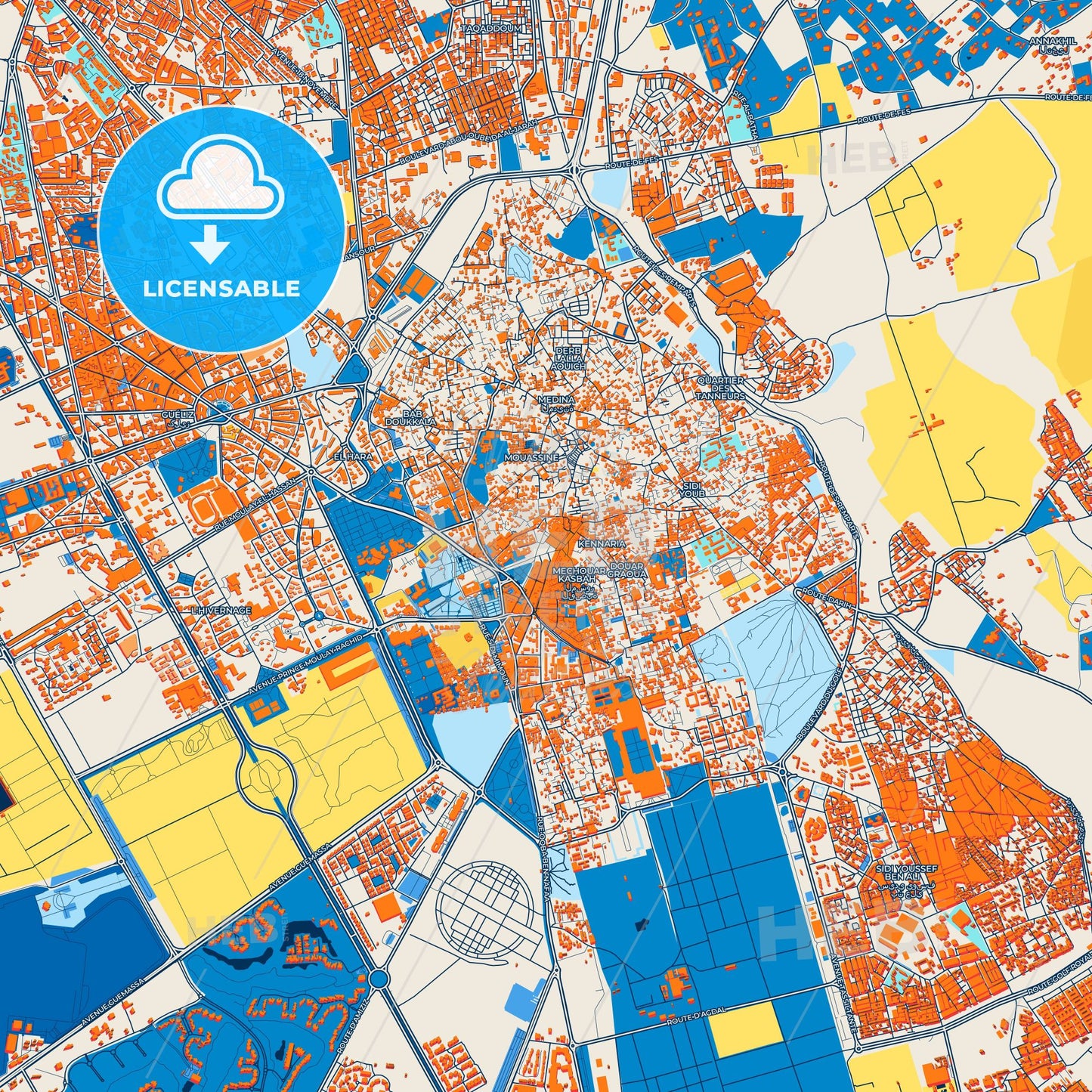 Colorful Marrakesh Street Map with Labels and Buildings