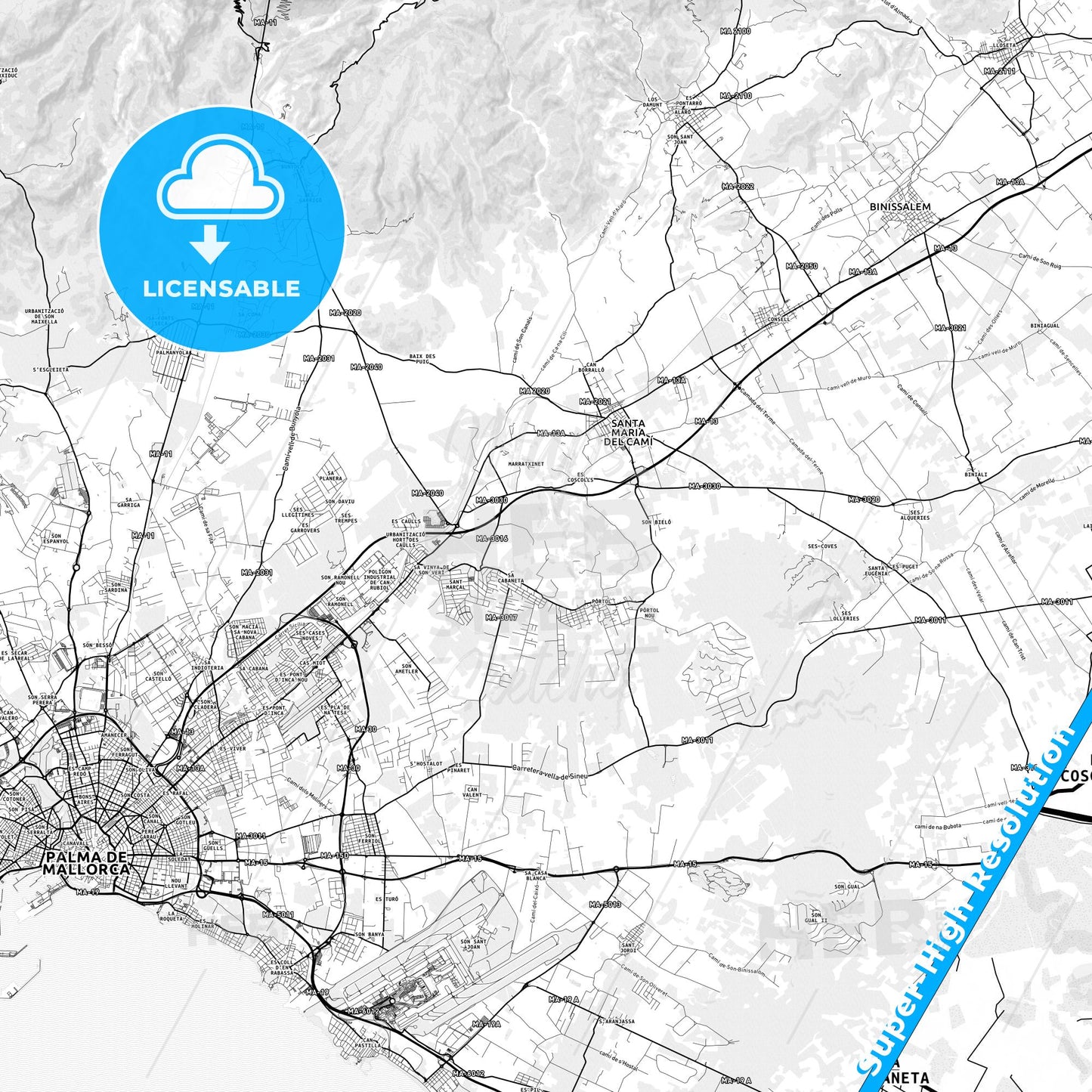 Marratxí, Spain light map with streetnames, citynames and districts