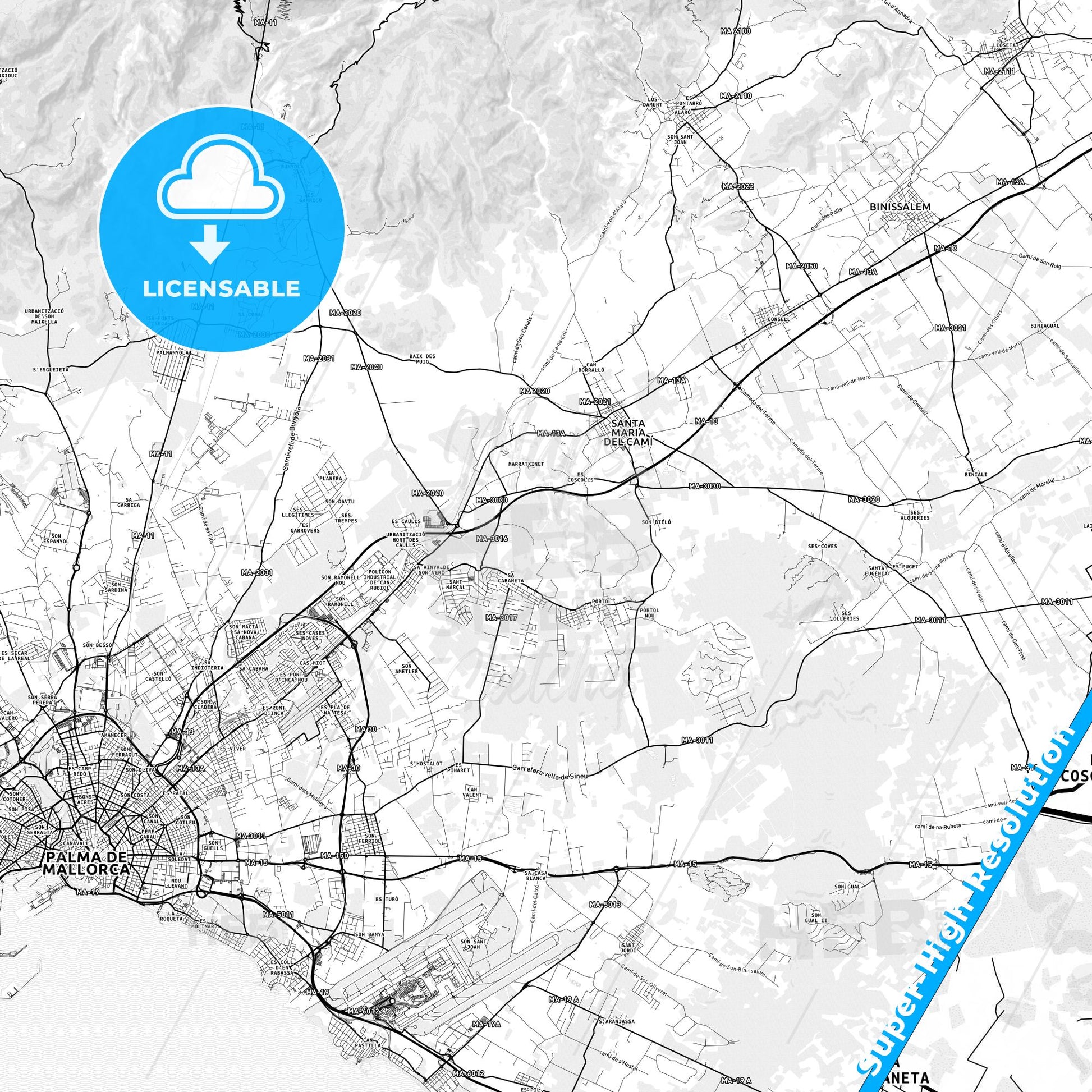 Marratxí, Spain light map with streetnames, citynames and districts