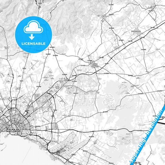 Marratxí, Spain light map with streetnames, citynames and districts