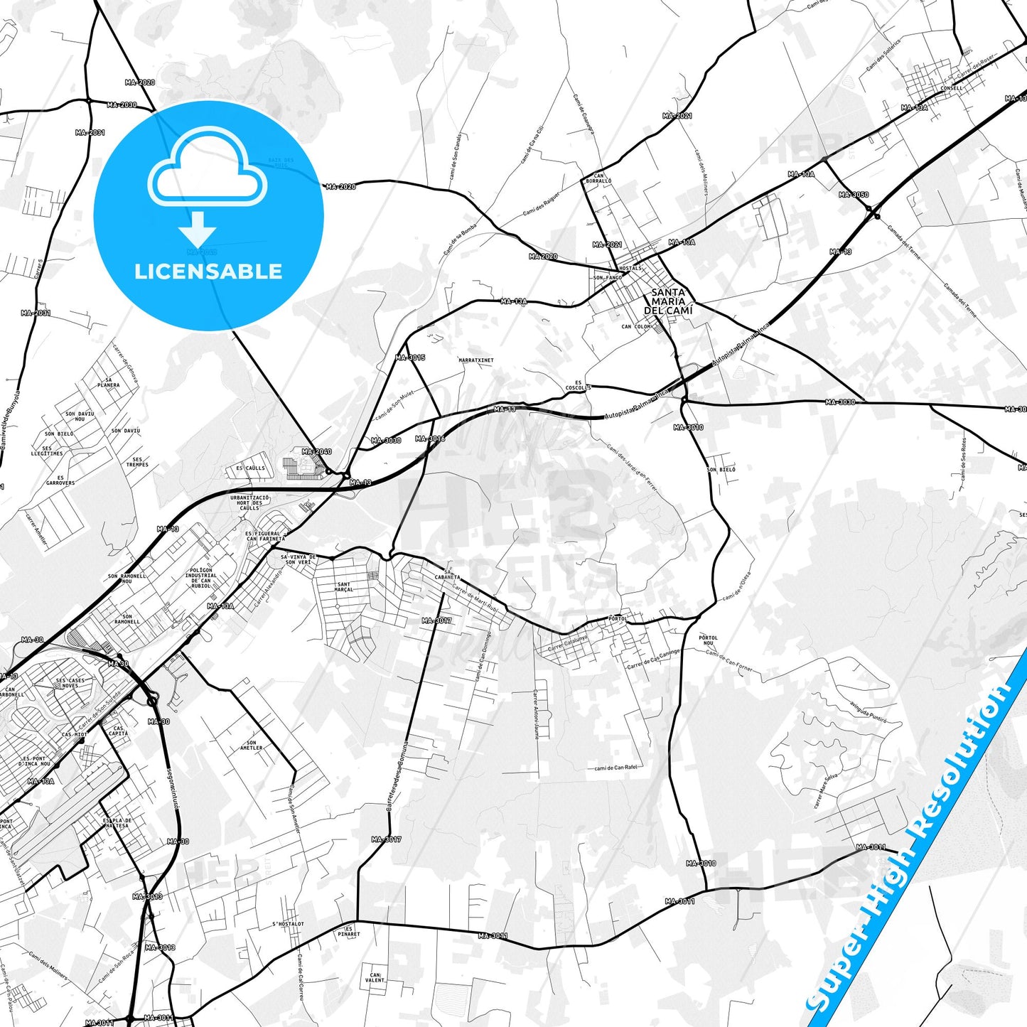 Marratxí, Spain Light Map with Street Names, City Names, and Districts