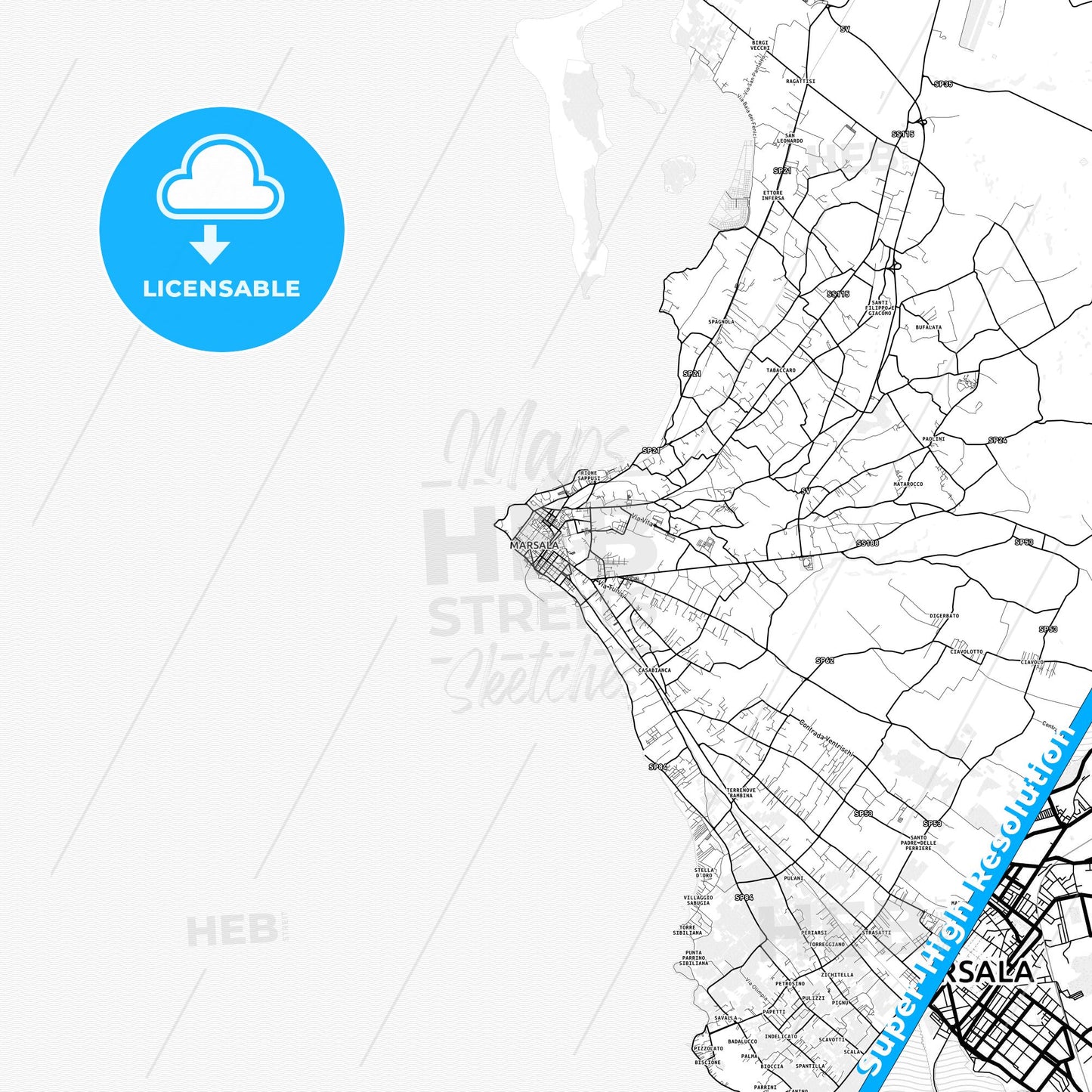 Marsala, Italy light map with streetnames, citynames and districts