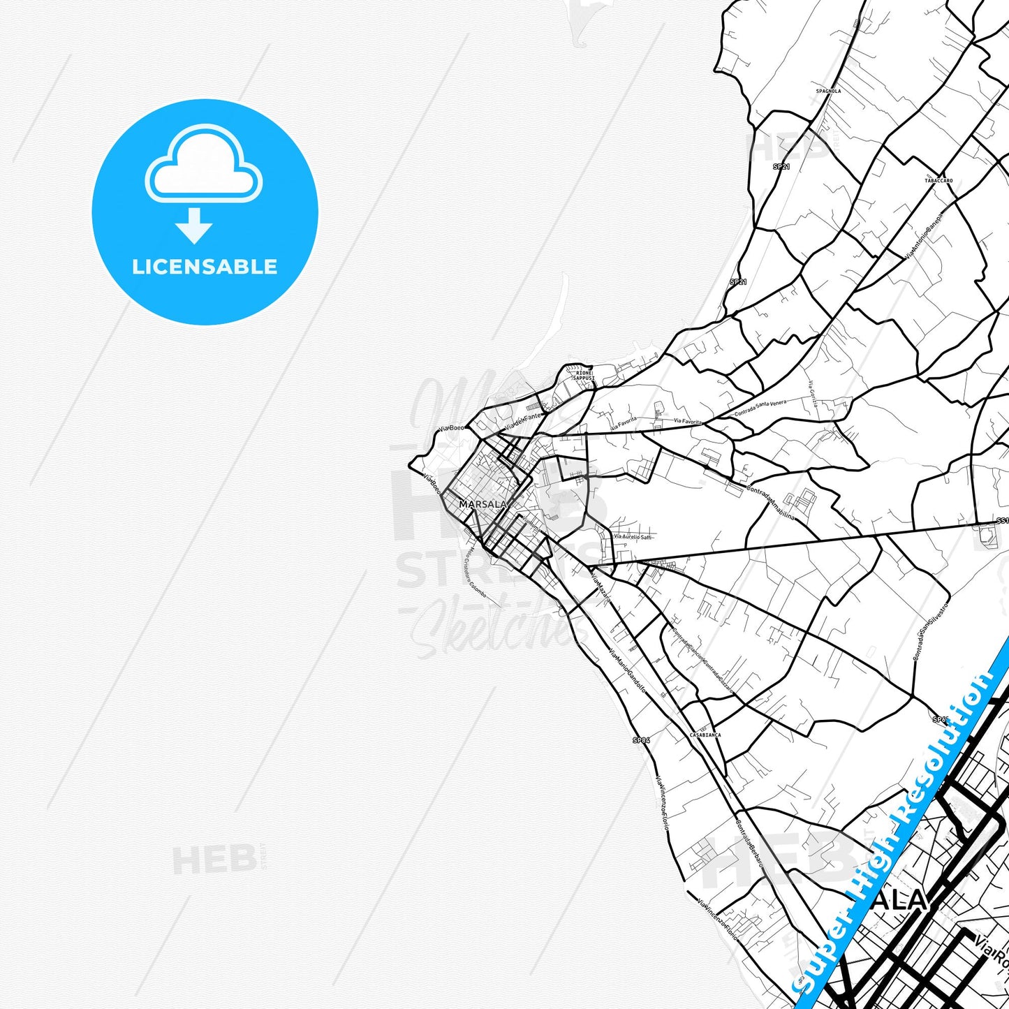 Marsala, Italy Light Map with Street Names, City Names, and Districts