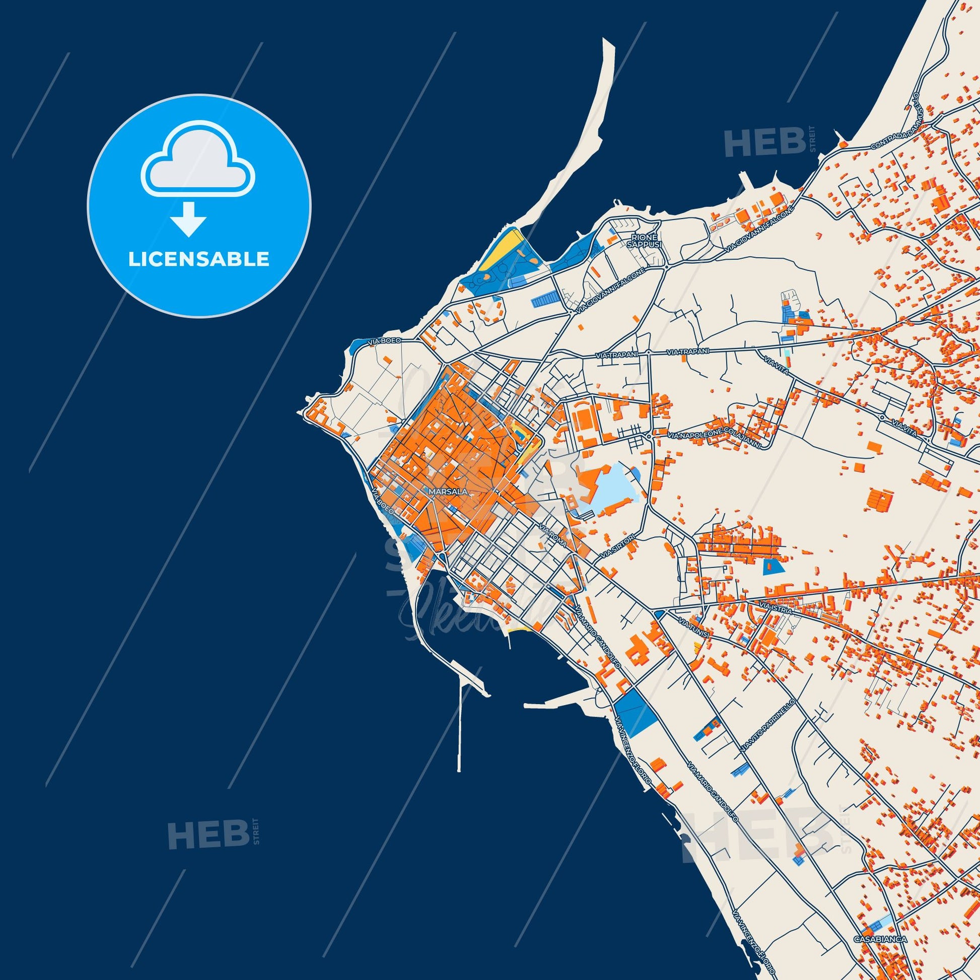 Colorful Marsala Street Map with Labels and Buildings
