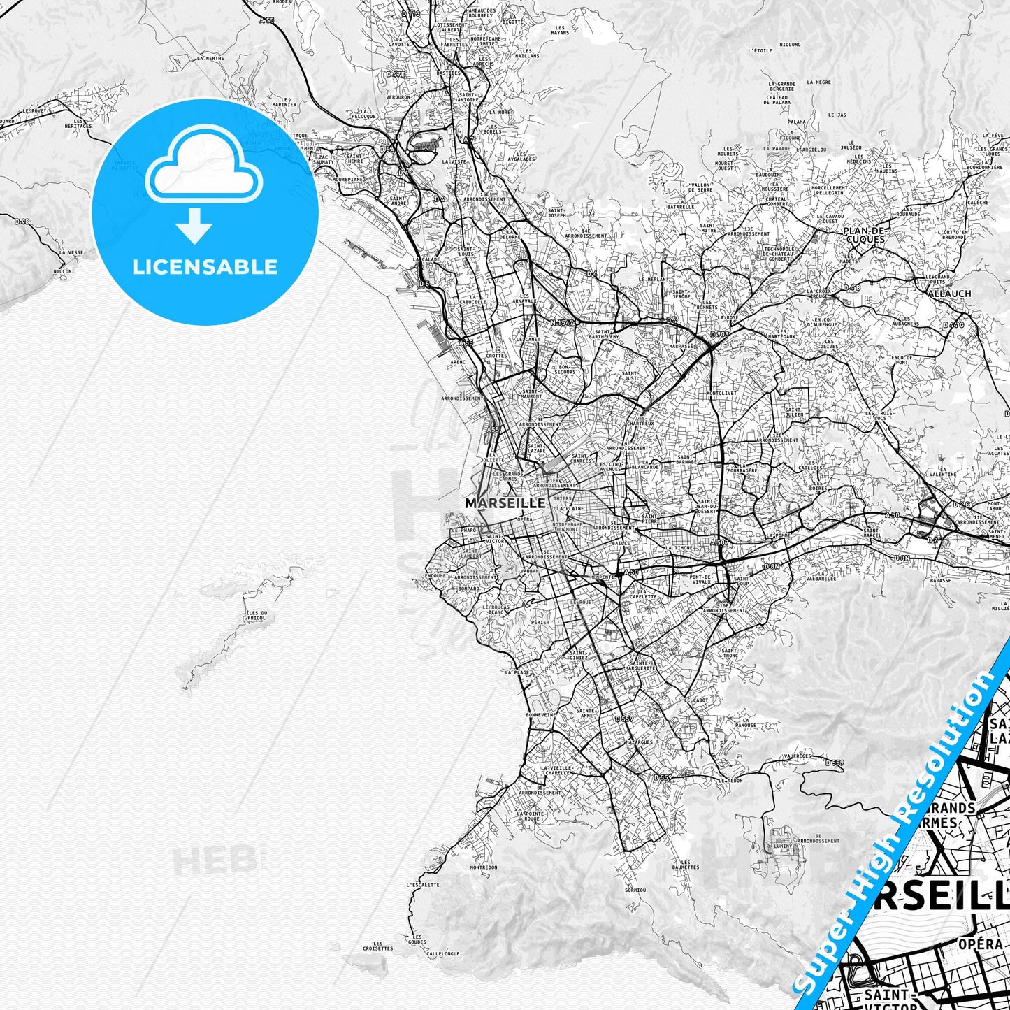 Marseille, France light map with streetnames, citynames and districts