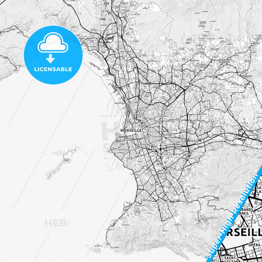 Marseille, France light map with streetnames, citynames and districts