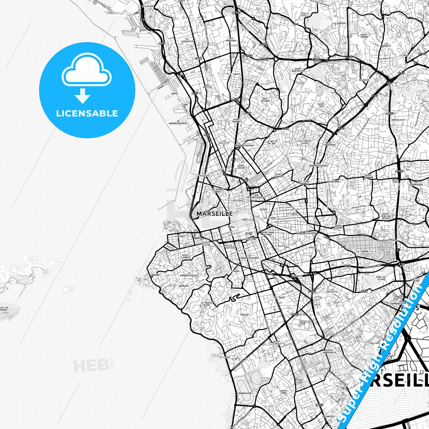 Marseille, France Light Map with Street Names, City Names, and Districts