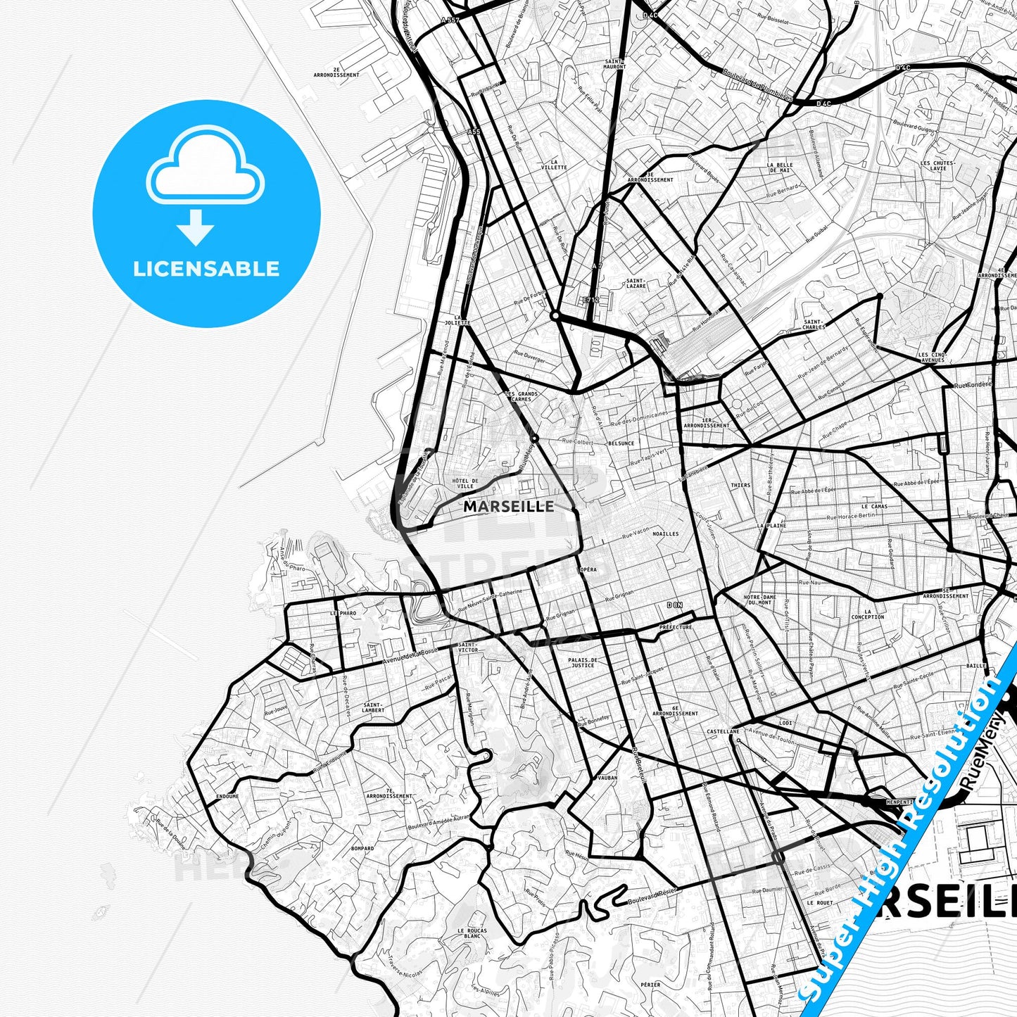 Marseille, France Light Map with Street Names, City Names, and Districts