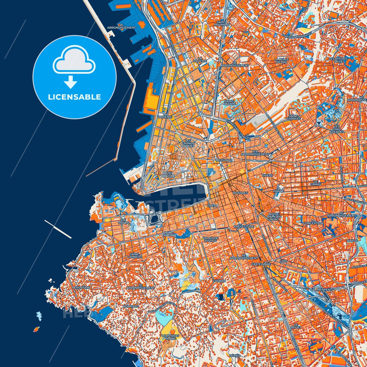 Colorful Marseille Street Map with Labels and Buildings