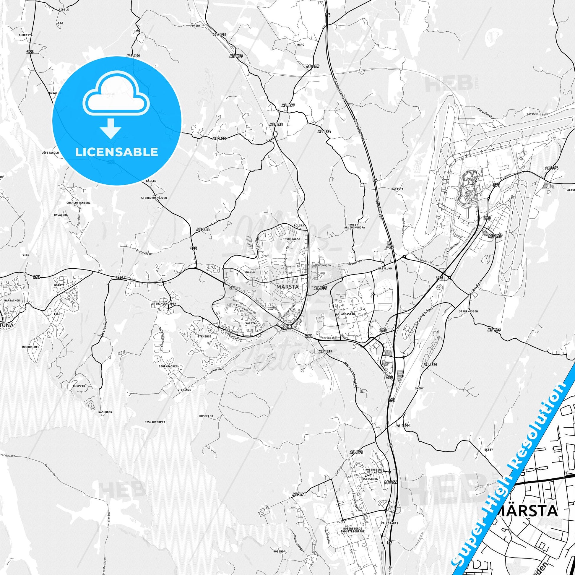 Märsta, Sweden light map with streetnames, citynames and districts