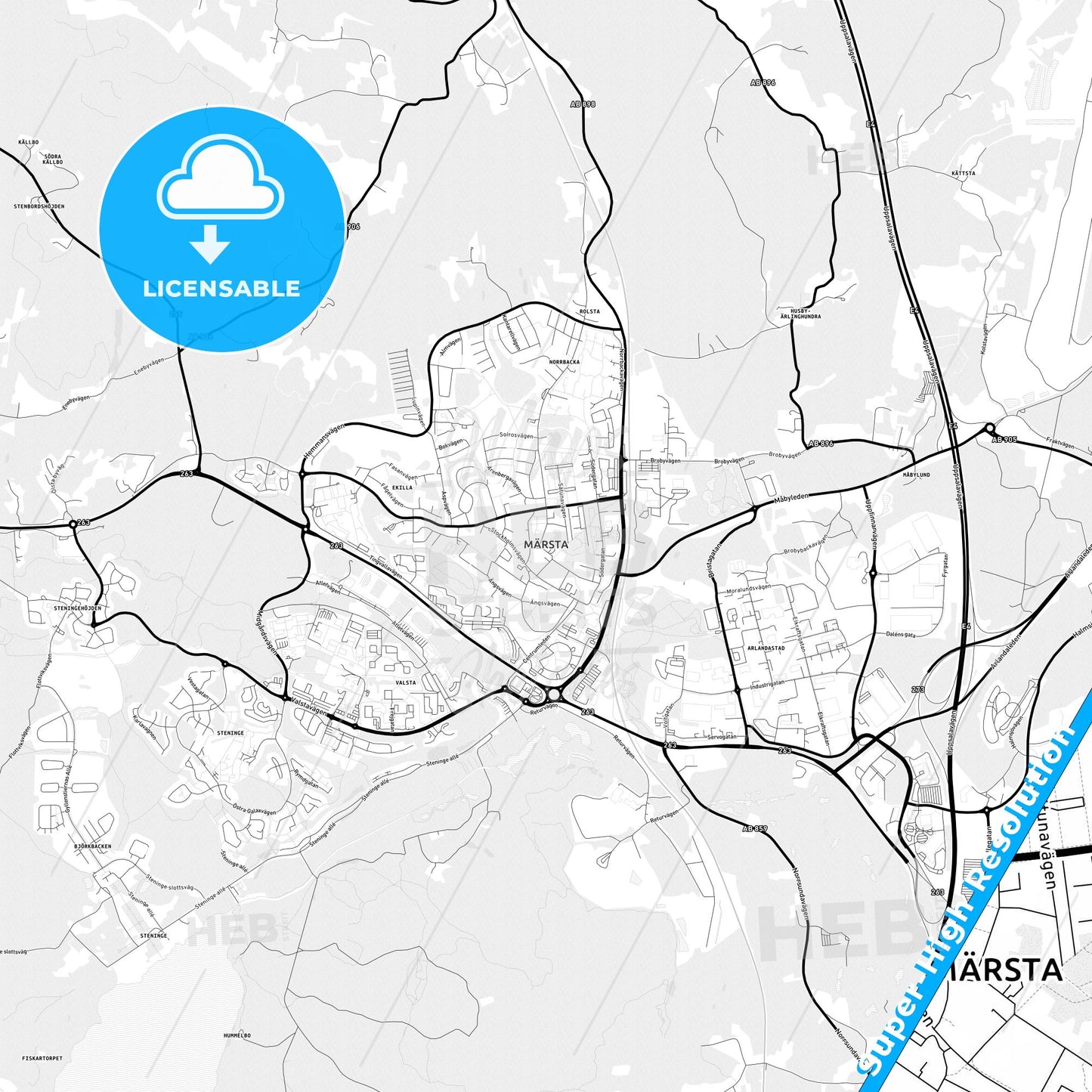 Märsta, Sweden Light Map with Street Names, City Names, and Districts