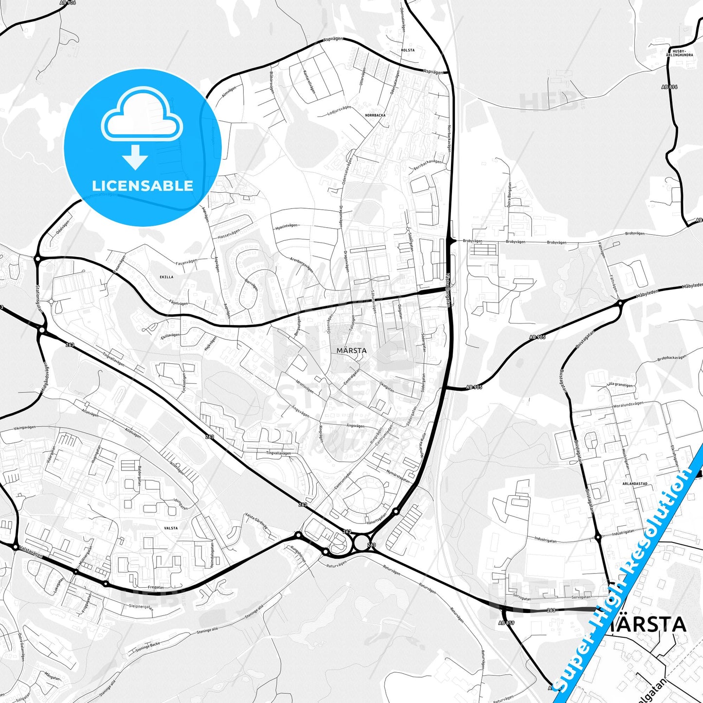 Märsta, Sweden Light Map with Street Names, City Names, and Districts